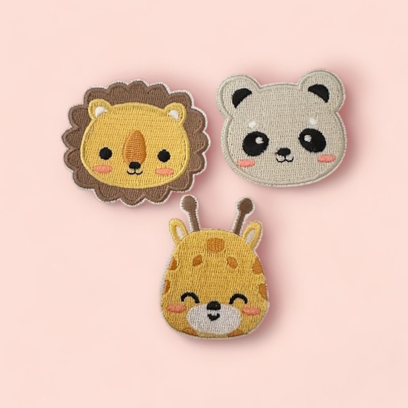 Cute Animal Lion, Panda, and Giraffe Kawaii Self-Adhesive Embroidered Patch 3pcs - Picture 1 of 1